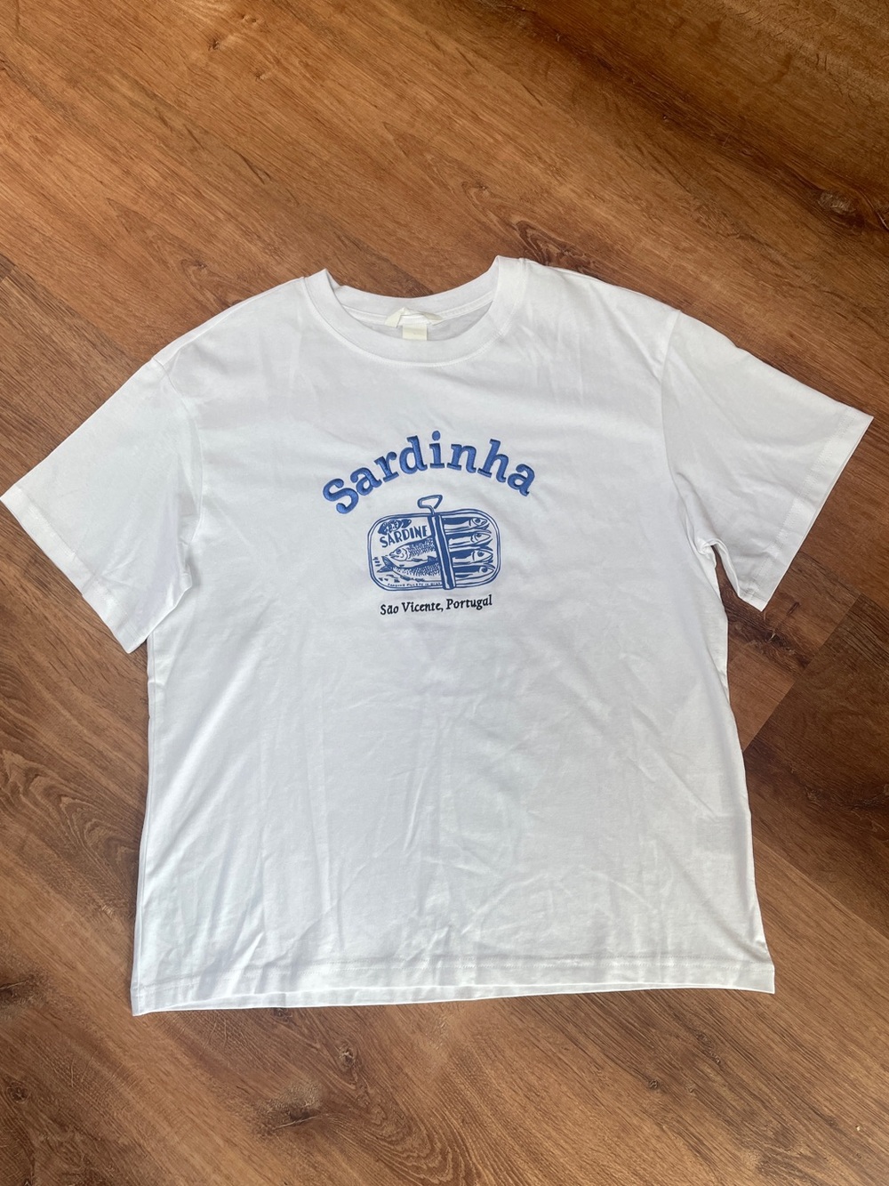 H&M Womens Sardines Sardinha Embroidered T Shirt Small Blue Boxy Oversized